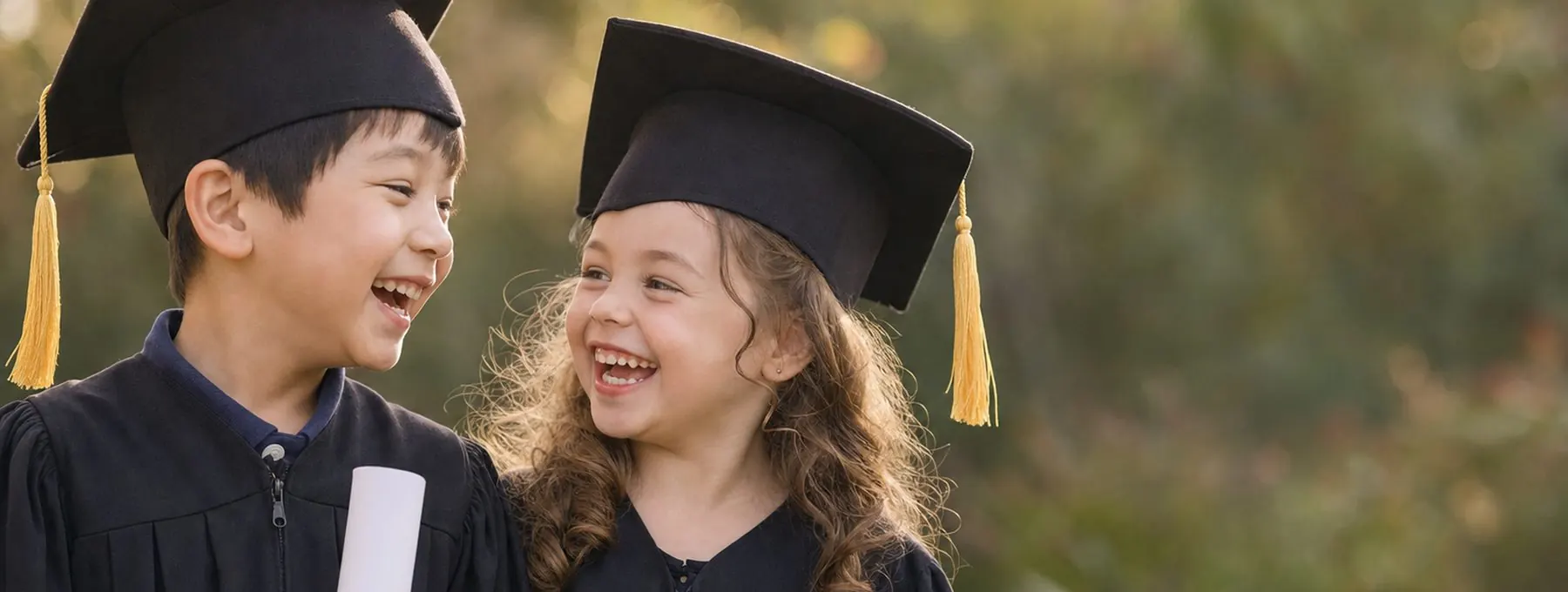 Dos ninos de kinder con toga y birrete el dia de su graduacion